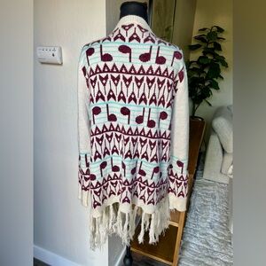 iLove Open Front Cardigan with fringe detail and tribal design - 25% wool S/M